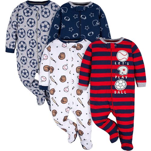 Gerber Baby Boys 4 Pack 'N Play Footie And Toddler Sleepers, Sports Blue, 3-6 Months US