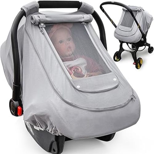 Baby Car Seat Cover for Summer/Spring,100% Organic Cotton Carseat Cover for Babies,Infant Car Seat Cover Canopy for Boys& Girls, Lightweight & Breathable (Gray)