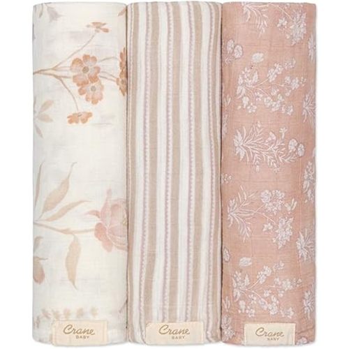 Crane Baby Wildflower 100% Cotton Muslin Swaddle Blankets, Set of 3, Baby Girl Swaddle Blanket, Lightweight Newborn Swaddles, Receiving Blankets for Girls, Baby Girl Blanket, Pink Nursery Decor