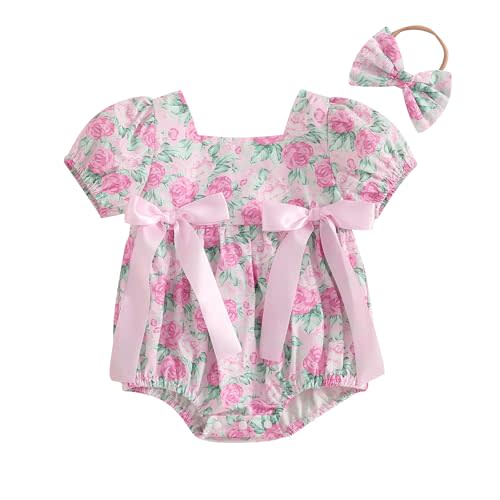 Bagilaanoe Summer Outfit Infant Baby Girl Clothes Ribbon Floral Short Sleeve Romper Bodysuit Jumpsuit Headband Set
