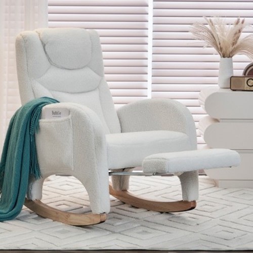 Teddy Fabric Nursery Rocking Chair, Upholstered Accent Chair With Adjustable Footrest 4W, Ivory -ModernLuxe