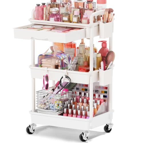 Goovilla Rolling Makeup Organizer Cart with Removable Drawer, 3 Tier White | Stable Floor Skincare Storage Cart for Vanity, Cosmetic Display, Nail Polish, Perfume, Hair Stuff, Beauty, Bathroom(Plastic)