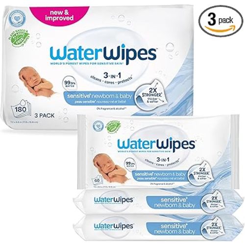 WaterWipes Sensitive+ Newborn & Baby Wipes, 3-In-1 Cleans, Cares, Protects, 99.9% Water, Unscented & Hypoallergenic, 180 Count (3 Packs)