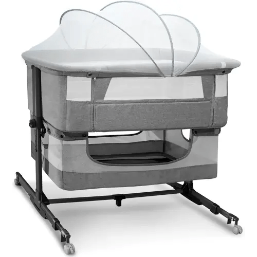 Baby Bassinet, 3 in 1 Bedside Sleeper with Mattress and Mesh Sides, Mosquito Net, Storage Basket, with Rocking Function, 5-Height Adjustable, Easy Assemble Crib for Newborn, Gray