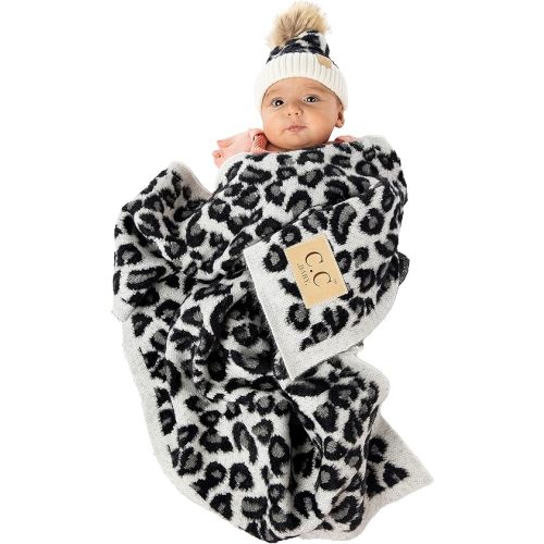 Funky Junque Large Soft Warm Lightweight Baby Throw Blanket with Matching Beanie Bundle for Toddler Bed, Strollers, Naps, Daycare Preschool - Leopard Print - 1 Fur POM - Ivory