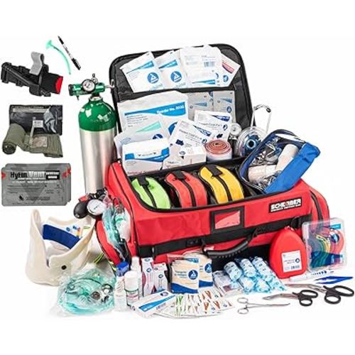 Scherber Fully-Stocked Premium First Responder Bag | HSA/FSA Approved | Large Pro EMT/EMS Trauma, Bleeding & Oxygen Medical Kit | CAT Tourniquet, HyFin Chest Seal & 250+ First Aid Supplies (Red)