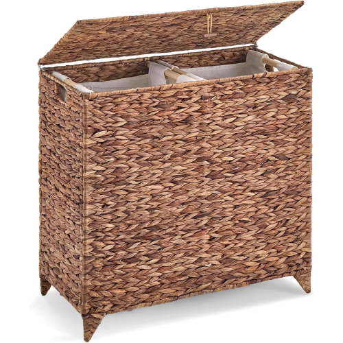 Casa Pura Furniture Handwoven Large Laundry Hamper with Lid, 2 Removable Liner Bags, Heightened Feet, Natural Hyacinth Wicker Clothes Storage Basket for Towels & Clothing