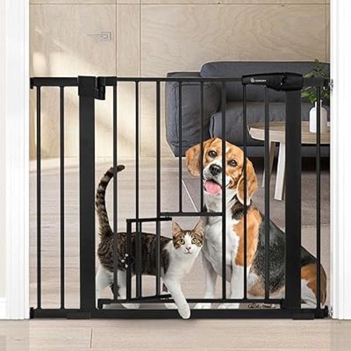 COMOMY Auto Close Baby Gate with Cat Door, 29.5"-40.5" Extra Wide Dog Gate for House Doorways Stairs, Pressure Mounted Easy Walk Thru Pet Gate, Includes 4 Wall Cups and 2 Extension Pieces, Black