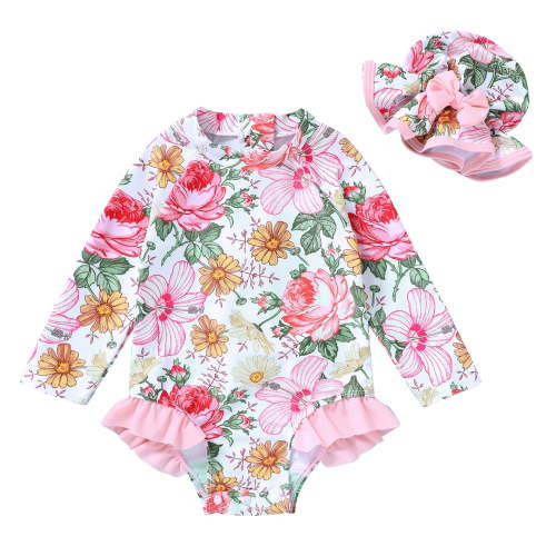 Younger Tree Infant Baby Girl One-Piece Swimsuit Long Sleeve Rash Guard Swimwear Hat Bathing Suit Set for 0-3 Months