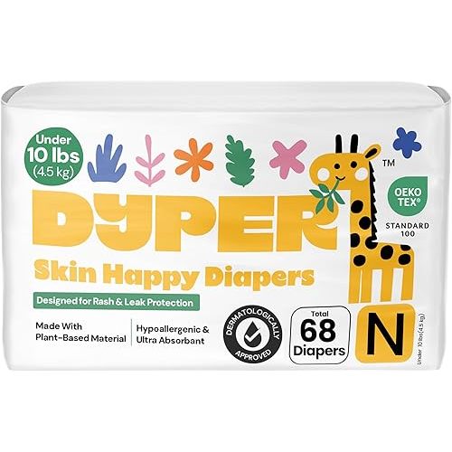 DYPER - Pack of 2 Newborn Baby Diapers (68 Count) - Leak Proof Plant Based Hypoallergenic & Ultra Absorbent Disposable Diaper for Day & Overnight Skin-Friendly Comfort | Soft Newborn Diapers (<10 lbs)