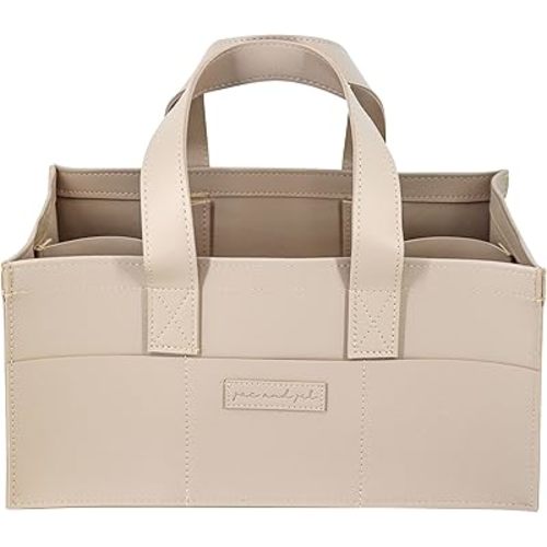 Premium Vegan Leather Baby Diaper Caddy Organizer – Portable Storage Basket for Newborn Essentials, Changing Table, Nursery, Car & Travel, Gifts for Baby Shower (Teddy Beige)