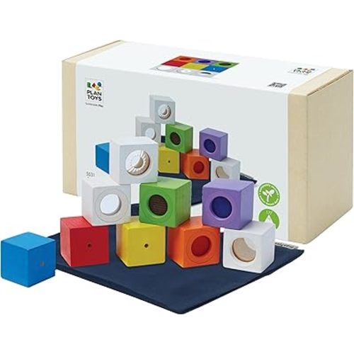PlanToys® Sensory Activity Blocks for Toddlers – 9-Piece Set with Visual, Auditory & Tactile Stimuli – Montessori Toy with Storage Bag – Wooden Learning Toy for Babies & Kids Ages 12 Months+