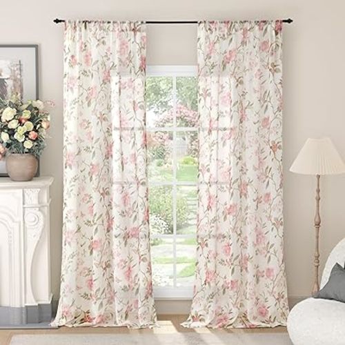 Floral Sheer Curtains for Girls Bedroom, Vintage Farmhouse Light Filtering Privacy Semi-Sheer Cute Linen Curtains for Kids Nursery 84 Inches Long 2 Panels, Rod Pocket, Pink, Each 52 Inch Wide