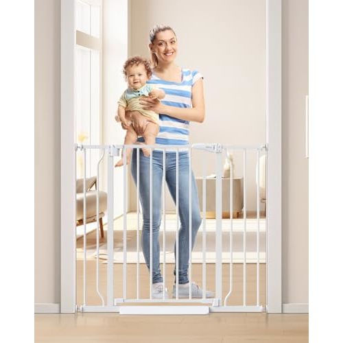 34" Tall Baby Gate No Drilling, Auto Close Dog Gate Indoor, White | for Doorways & Stairs, Pressure Mounted 29"-40" Wide Pet Gate, Easy Walk Through Stair Gate for Baby & Pet Stroller Friendly