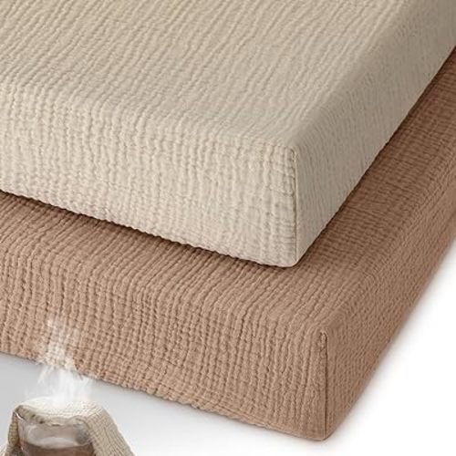 Muslin Pack and Play Sheets Fitted, 100% Cotton Mini Crib Sheets 2 Pack for Pack N Play Mattress, Stretchy Playard Sheet, Soft and Breathable Beige & Brown