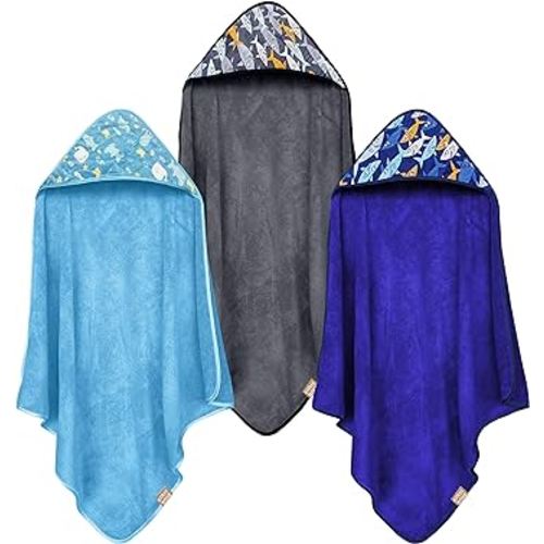 CORAL DOCK 3 Pack Baby Hooded Bath Towel Sets, Ultra Absorbent Baby Essentials Item for Newborn Boy Girl, Baby Bath Shower Towel Gifts for Infant and Toddler - Shark World