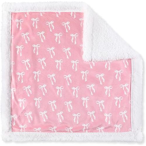 Newwiee Pink Bow Baby Girl Blanket Throw Security Doll Blanket Chenille Silky Satin Coquette Soft Bow Nursery Decor for Girls Newborn Infant Toddler Boys and Girls, 14" x 14"