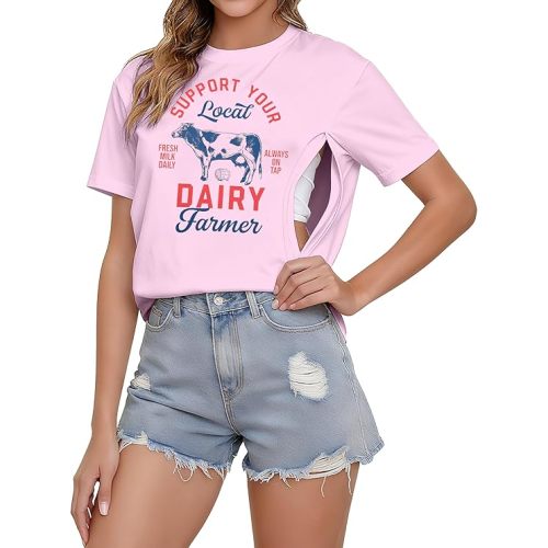 UNIQUEONE Comfort Breastfeeding Shirts for Women Zip Nursing Tops Casual Distressed Acid Washed Maternity Tees