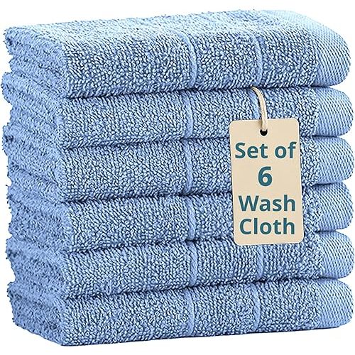 Casa Platino 100% Cotton Wash Cloths 6 Pack - Spa & Salon Quality - Ring Spun Cotton Face Cloths- Soft & Absorbent Washcloths for Shower, Home, Kitchen - Fingertip Towels - 13"x13", Cerulean Blue