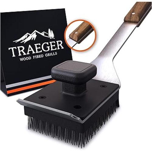 Traeger Grills BAC537 BBQ Cleaning Brush for Outdoor Grill – Stainless Steel Grill Scraper with Nylon Bristles, Teak Wood Handle, Dual Grip Design, and Hanging Loop