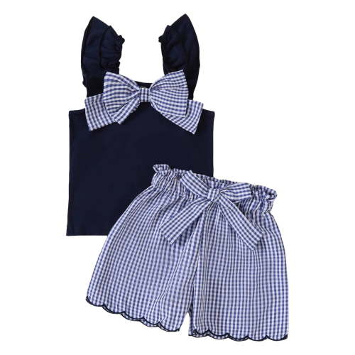 Sopiago Toddler Baby Girl Summer Outfit Bow Embroidery Short Sleeve T-Shirt Plaid Ruffle Shorts Set Little Girls Clothes 6-12 Months,Navy