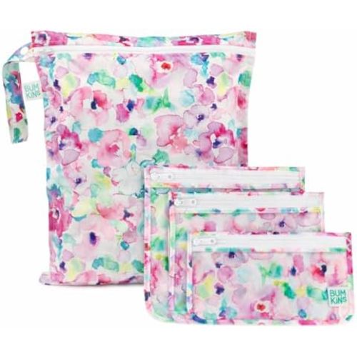 Bumkins - Waterproof Wet Bag & Clear Travel Bags - For Beach, Baby, Travel, Swim Suit, Cloth Diapers, Pump Parts, Pool, Gym, Toiletries - Reusable & Easy to Clean - Watercolor - 4 Pack