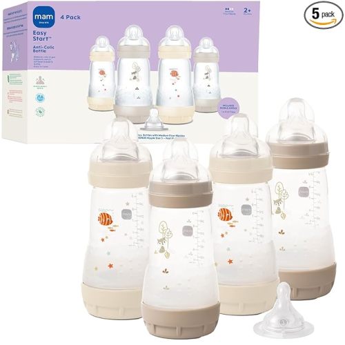 MAM 9oz Easy Start Anti-Colic+ Wide Neck Baby Bottle, Medium Flow Breastfeeding-Like Nipple, Reduces Colic Gas & Reflux, Easy to Clean, BPA Free, 2+ Months, Made in Europe, Bonus Fast Flow Nipple