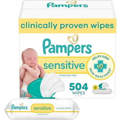 Pampers Baby Wipes Sensitive, Water Based Hypoallergenic and Unscented 504 Total (6 Flip-Top Packs)