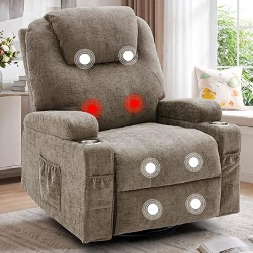 Korser Recliner Chair, 360° Manual Swivel Rocker Chair with Overstuffed Headrest, Rocking Chair with Massage and Heating, Lounge Chair with Cup Holders for Living Room, Bedroom, Nursery, RV, Chenille