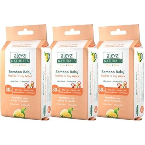 Aleva Naturals Bamboo Baby Pacifier and Toy Wipes - Natural and Organic Ingredients with Lemon Oil, Safely Cleans Bottles, Nipples, Cups, Extra Strong and Ultra Soft - Value Pack- 30ct x 3 (90 Wipes Total)