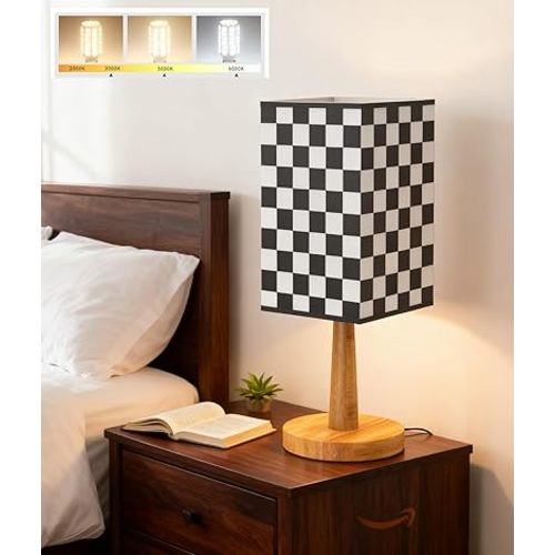 Bedside Table Lamp with 12W LED Bulb, Chess Board Fabric Shade (Racing Flag Black and White Pattern), 3 Color Modes - Suitable for Bedroom, Nightstand, Office, Living Room, Guest Room
