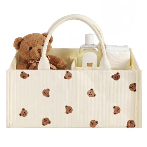 Shinylin Diaper Caddy Organizer with Cute Bear Portable Nursery Storage Basket with Handles and Removable Dividers Cute Storage Bin for Organizer Diaper Caddy Baby Wipes Baby Shower Gifts