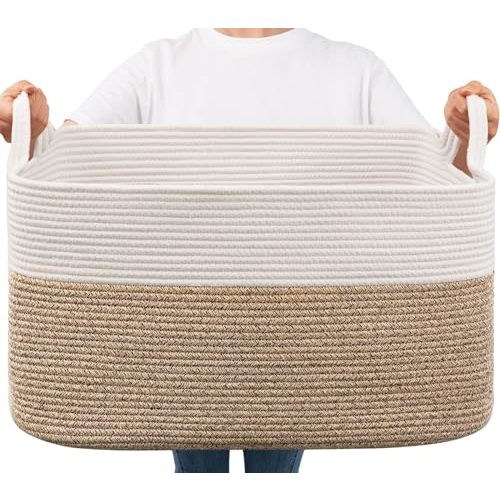 Goodpick Large Woven Blanket Basket, 21.6" x 14.9" x 11.8" Storage Baskets for Organizing, Rectangle Cotton Rope Toy Basket for Living Room, Bedroom, White & Brown