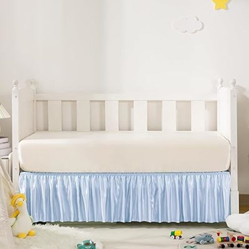 Baby Blue Satin Crib Bed Skirt, 52" x 28" with 14" Drop Silky Soft Baby Crib Skirt for Baby Girls or Boys, Fit for Standard Crib & Toddler Bedding
