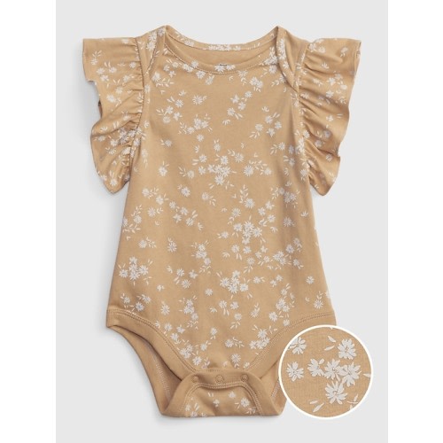 Baby 100% Organic Cotton Mix and Match Flutter Sleeve Bodysuit in cashew crunch tan, size: 0-3 M