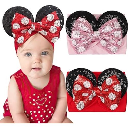 2Pcs Baby Girl Large Mouse Ears Dot Headbands with Sequin Bow, Wide Nylon Turban Hairband, Theme Park Headwear, Hair Bow Headband for Toddler, Kids, Party Supplies