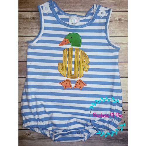 Mallard Duck Bubble Romper - Blue stripe - Monogram