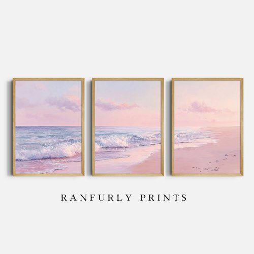 Set of 3 Pink Sunset Beach Prints | Ocean Wave Triptych Wall Art | Digital Download