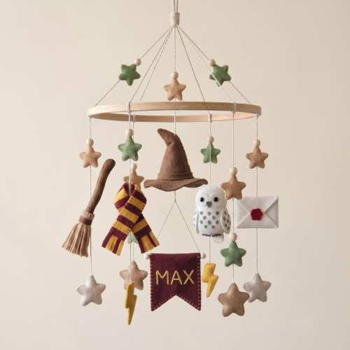 Personalized Wizard Baby Mobile, Custom Magic Nursery Decor, Felt Witch Crib Mobile, Owl Hat Scarf Broom, Newborn Baby Shower Gift Birthday