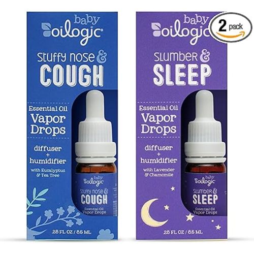 Oilogic Baby Essential Oil Vapor Drops for Diffuse & Humidifier, 2-Pack Set with Stuffy Nose & Cough + Slumber & Sleep - Baby Aromatherapy Oil is Safe for Babies, Kids & Toddlers