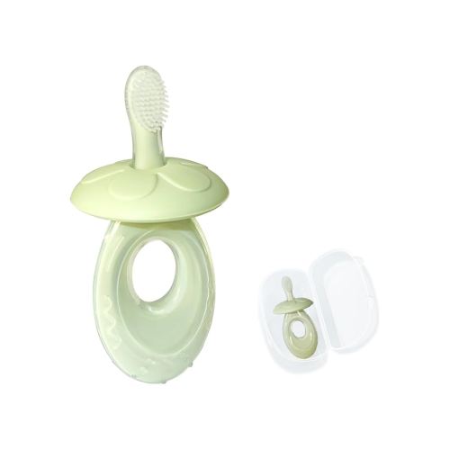 Baby Toothbrush & Teether for Infant and Toddler, Silicone Baby Oral and Tongue Cleaner, Ultra Soft Infant Training Toothbrush with Travel Case, Adjustable Safety Shield - Green