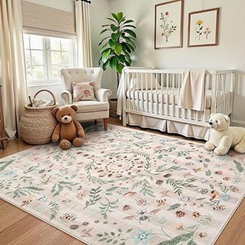 Lanffia Insect Botanical 5x7 Washable Rug, Soft Whimsical Non Slip Rugs for Bedroom, Beige Bug Plant Rug for Nursery, Nature Living Room Decor Low Pile Stain Resistant Indoor Carpet