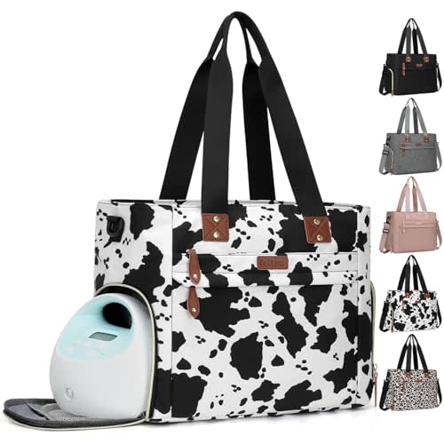 Diaper Bag Tote for Working Mom, Large Travel Diaper Tote for Mom and Dad with 14 Inch Laptop Sleeve, Mommy Maternity Travel Baby Bag for Boys and Girls, Cowprint