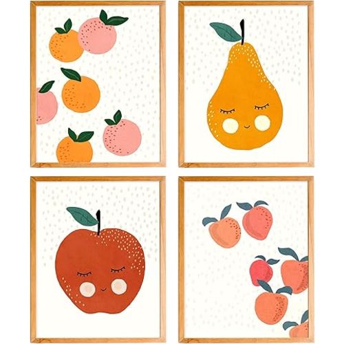 BearCake Nursery Wall Decor, Cute Fruit Pear Orange Apple Peach Mid Century Modern Poster Prints Wall Art Decor for Nursery Kids Boy Girl Room Playroom, Fruit Wall Art, 8x10 Inches Set of 4 Unframed