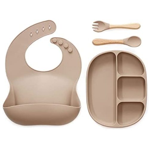 Ginbear Baby Plates with Suction, Silicone Bibs, Baby Led Weaning Utensils, Toddler Eating Set (Taupe)
