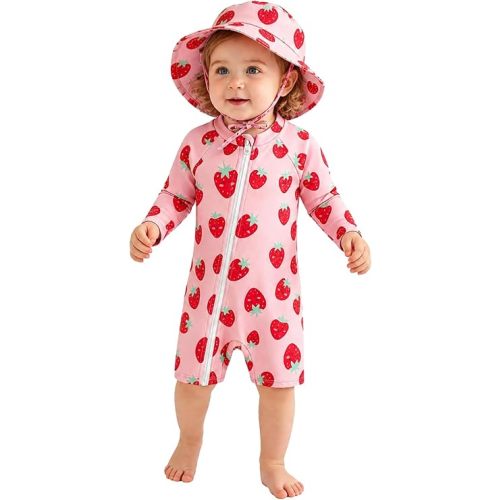 2Pcs Baby Girl One Piece Swimsuit Full Zipper UPF 50+ Sun Protection Bathing Suit Rash Guard with Hat