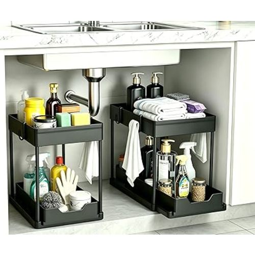 DEKAVA Under Sink Organizer 2 Pack, Bathroom Cabinet Organizer, 2 Tier Sliding Cabinet Basket Organizer Drawer, Multi-Purpose Bath Collection Baskets for Bathroom (Black)