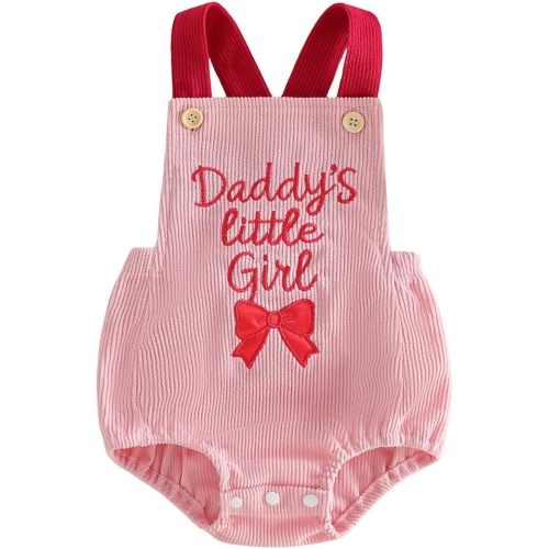 Lamuusaa Newborn Baby Girl Summer Clothes Aunties Bestie/Daddys Girl Embroidery Romper Backless Bodysuit Corduroy Overalls