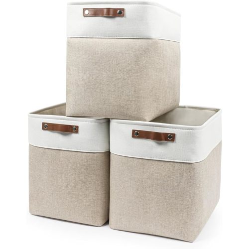 Large Fabric Storage Baskets | 50L Storage Bins, Decorative Linen Closet Baskets with Handles for Organizing, Shelf, Toys, Clothes, Home, Office, Nursery, 17x12x15Inches (Beige&White)