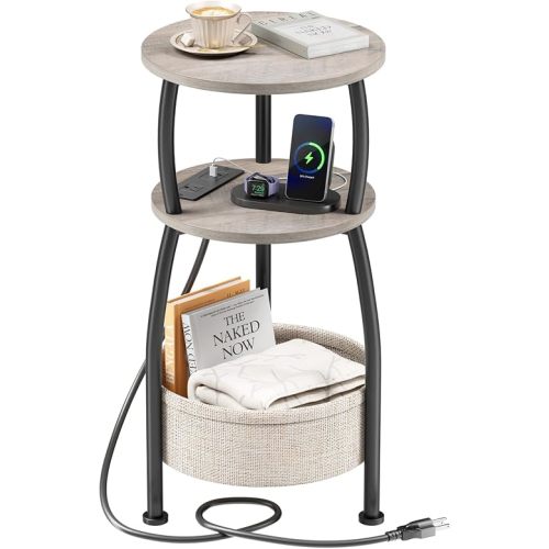 Small Side Table with Charging Station, Round End Table with Basket, USB Port and Outlet, 3 Tiers Sofa Couch Table Bedside Table for Living Room Bedroom, Small Spaces, 11.81in Greige
